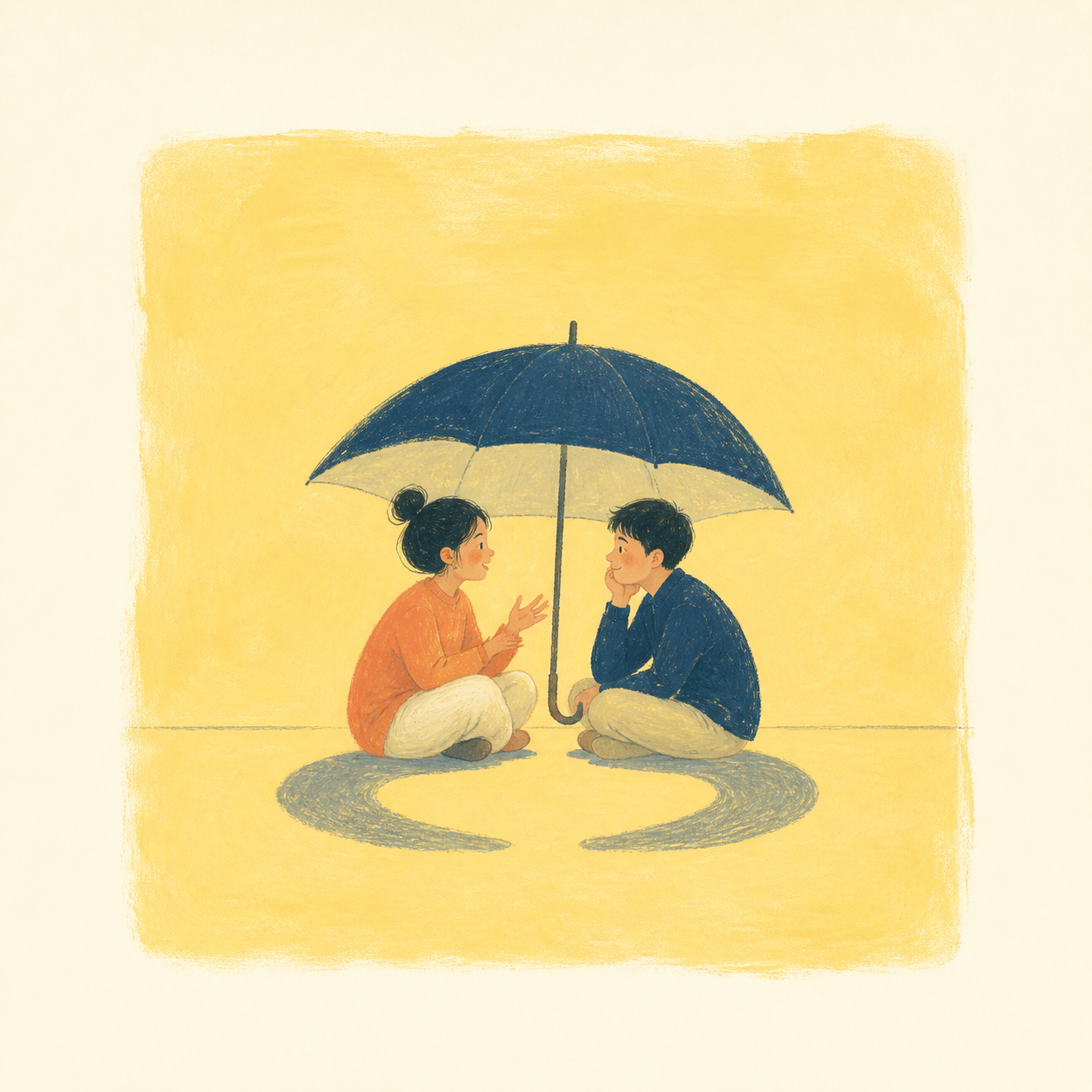 仁：两个人在伞下相互倾听的插画